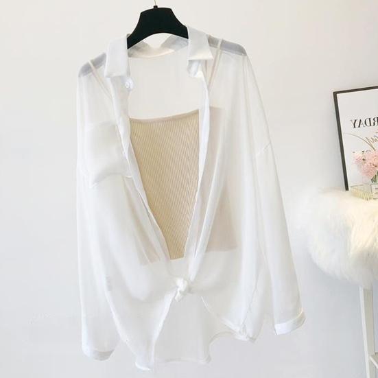 Women Top Beach Cover-up Thin Anti-UV Long Sleeves Solid Color Loose Soft Casual Lapel Spring Summer AC Shirt Sun Protection Coat