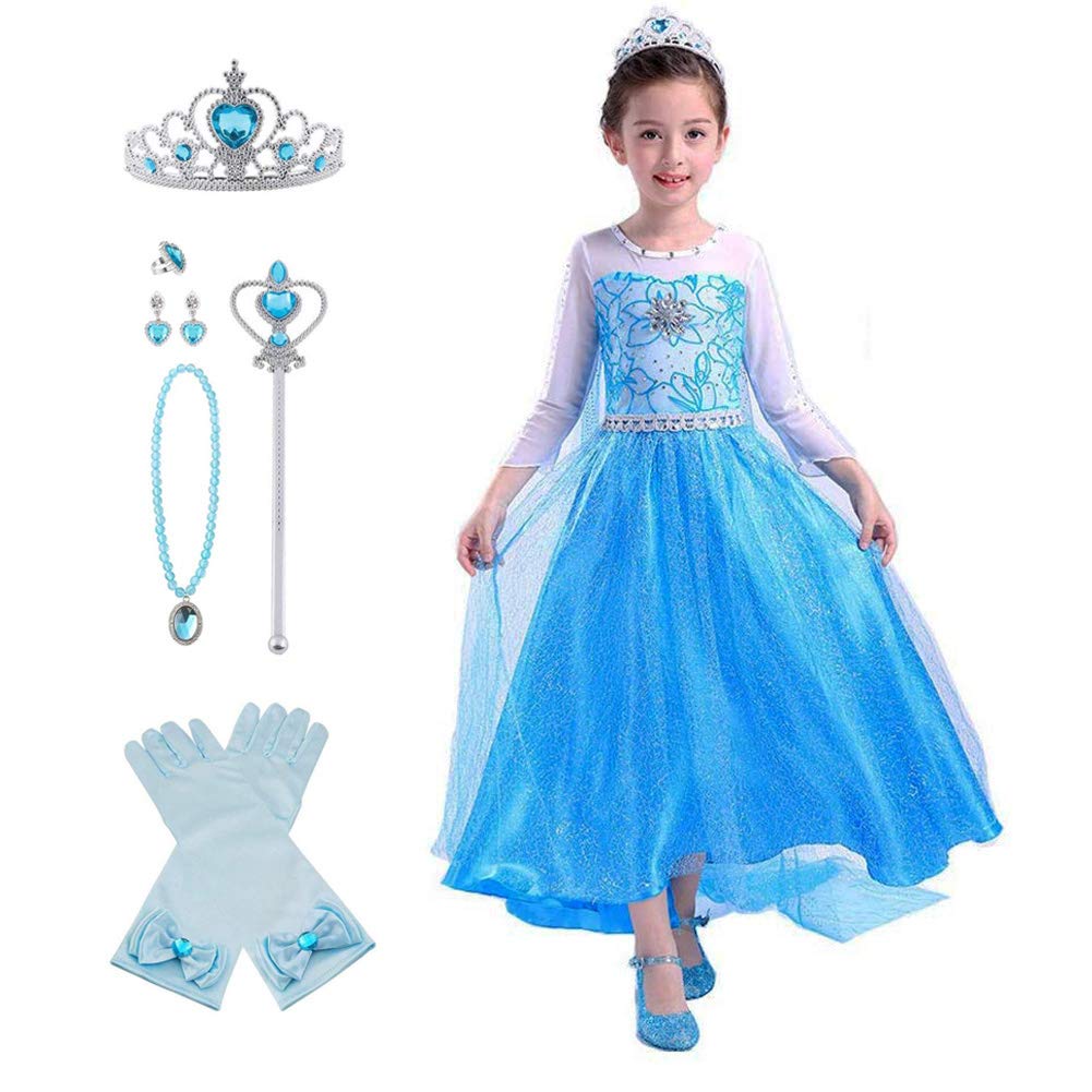 Kids Princess Light Kids Cosplay Luxury Set Heart Magic [YITING] Dress, Blue, Costume, 7-Piece (Princess Dress, Tiara, Wand, Gloves, Necklace, Ring,