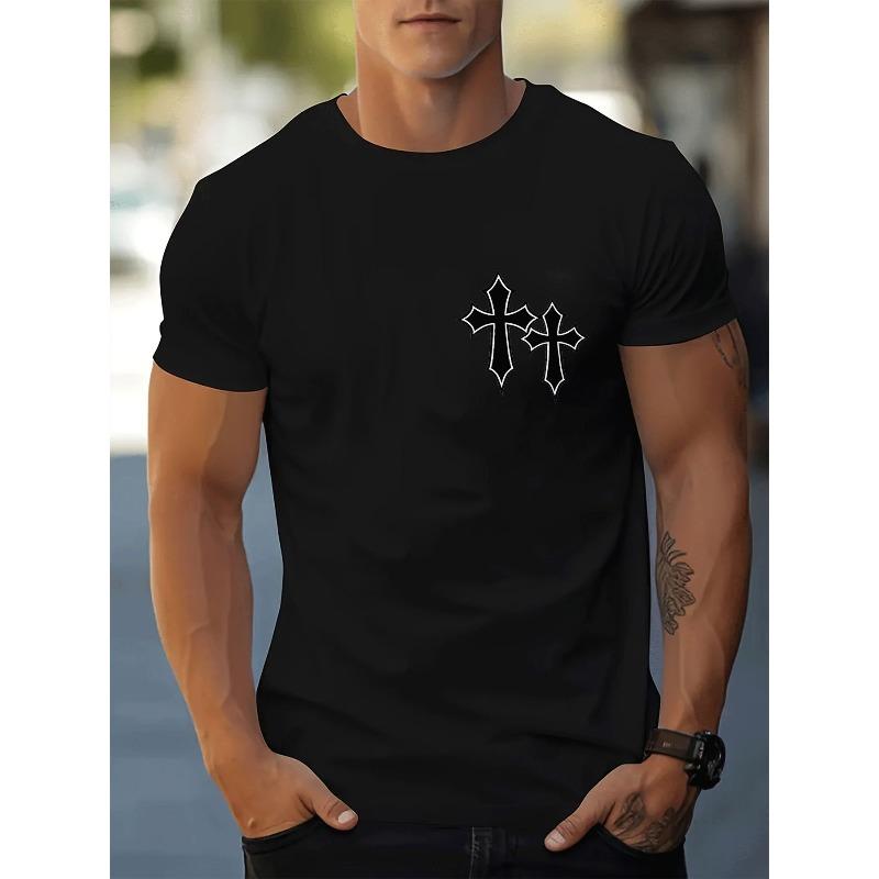 

European Sizes Men S Casual Crew Neck T-Shirt Double Cross Print | Street Style, Regular Fit, Lightweight, Breathable - Men s... S разноцветный