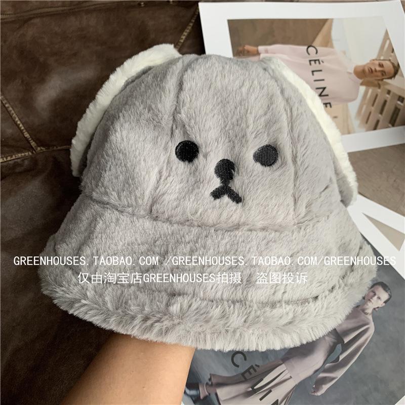 

Puppy ears fisherman hat children autumn and winter plush bucket hat cute washbasin hat thermal hat student M（56-58cm） серый