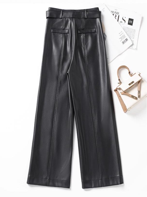 2025 Autumn Winter Women's High Waist Straight Leg Leather Pants, Wide Leg, Plus Velvet, Casual Loose Cropped Fit, Style 514.