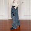 Design Pocket Letter Jeans Women's Summer Splicing Overalls High Street Hip Hop Wide Leg Pants