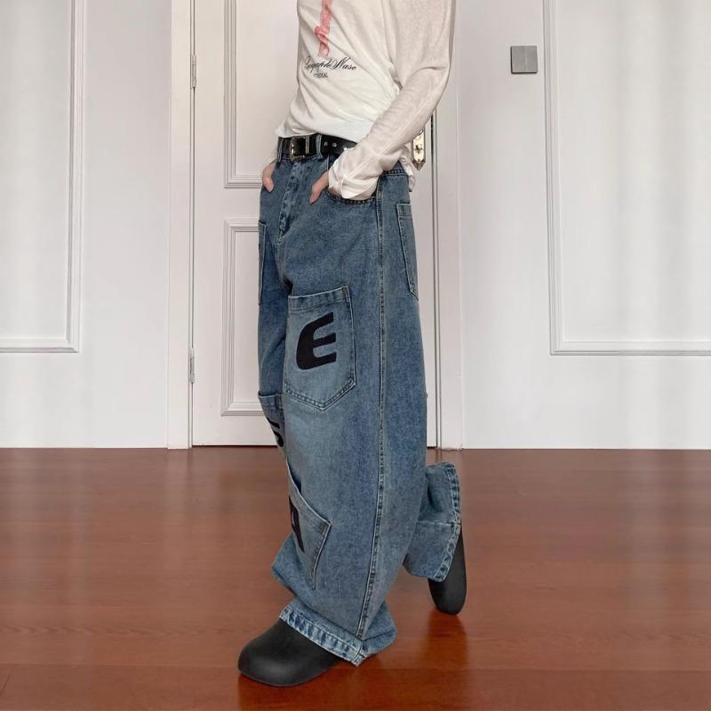 Design Pocket Letter Jeans Women's Summer Splicing Overalls High Street Hip Hop Wide Leg Pants