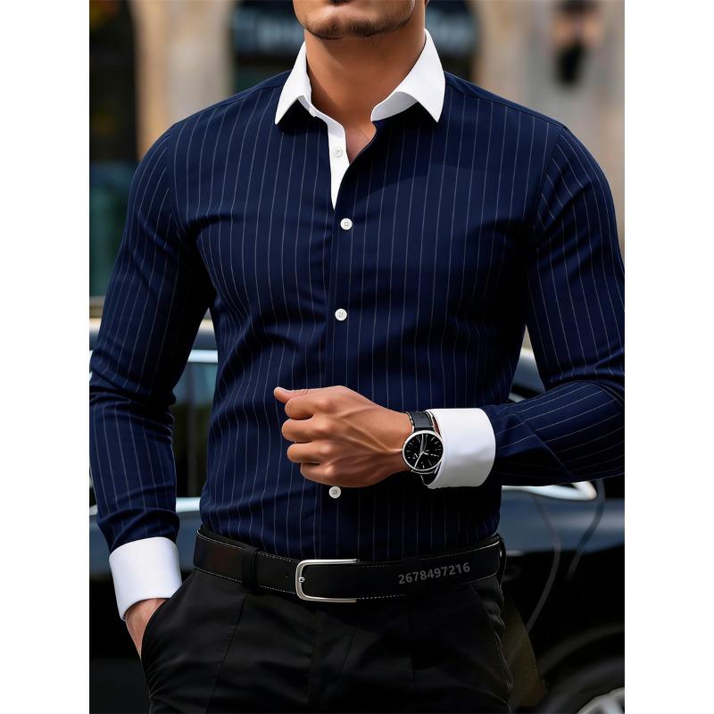 Męska koszula w paski z długim rękawem w stylu business casual, stylowy design z kołnierzem i kontrastowymi wstawkami, męska koszulka casual.