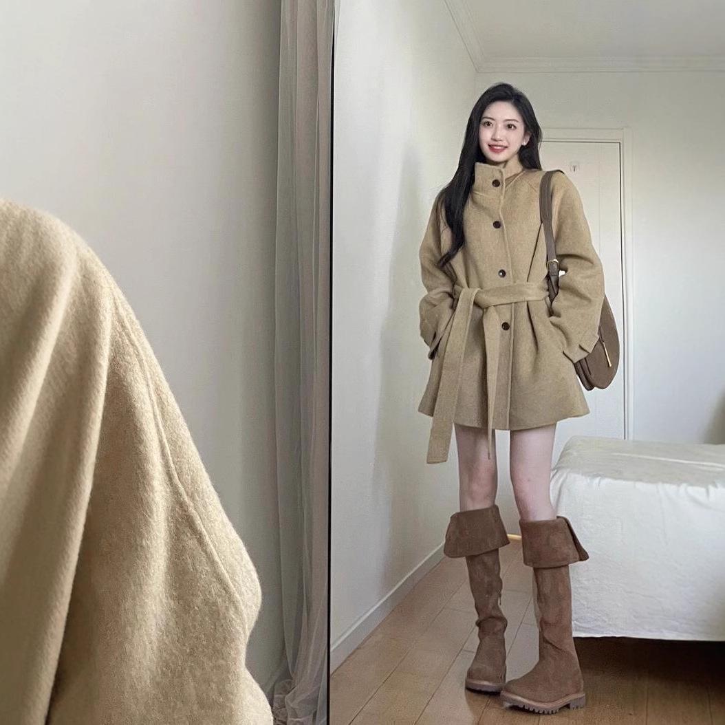 

Women s Hepburn Style Khaki Wool Mid-Length Coat M