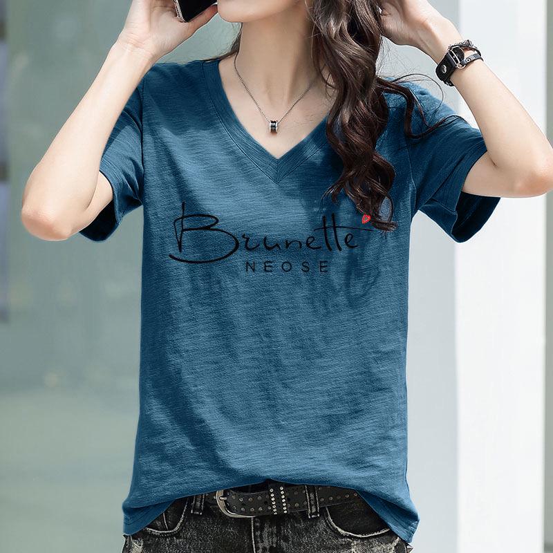 

Трендовая женская футболка с V-образным вырезом и свободными рукавами до локтя из бамбукового хлопка – Новый весенне-летний корейский стиль 2025. XXL синий