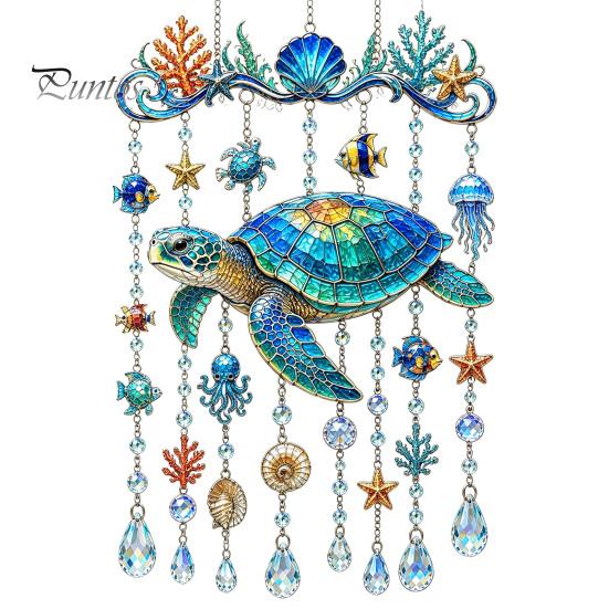 Acryl-Windspiel Meeresbewohner Fensterhänger, Buntglas-Stil Meeresschildkröte Wal Delfin Suncatcher Dekoration mit Kristallperlen & Muscheln, 25 cm Tortoise