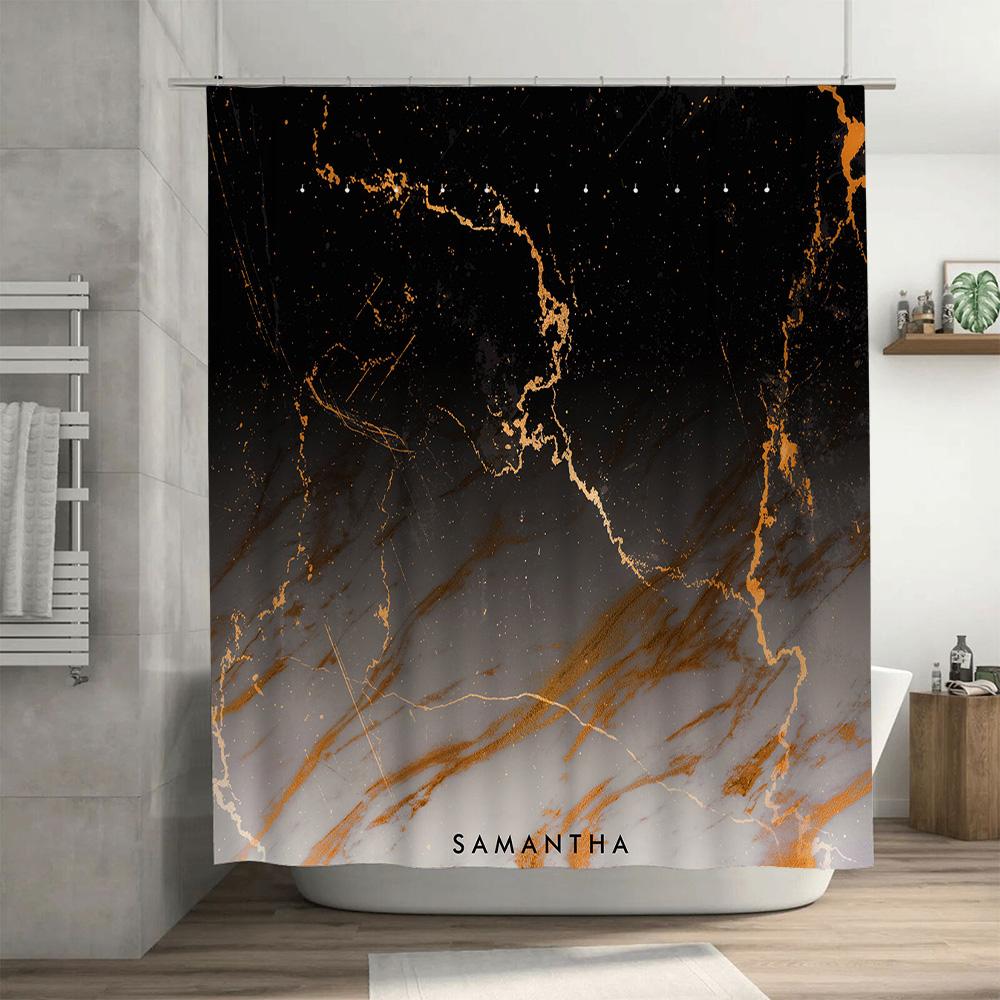 Luxury Marble Shower Curtain Set with Personalized Name 3D Printed Bathroom Decor for Home Decor in Grey Gold Color Size: Custom