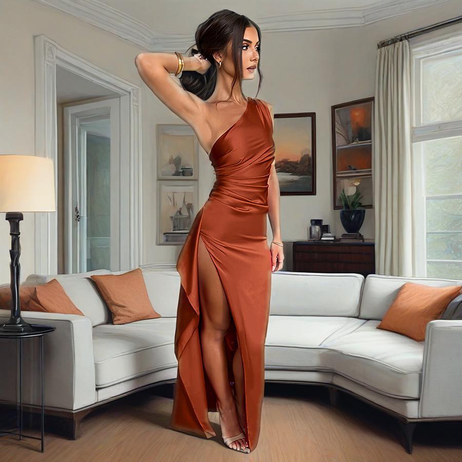Summer New European and American Diagonal Neck Split Sleeveless Women's Clothing Sexy Slim Evening Dress Dress