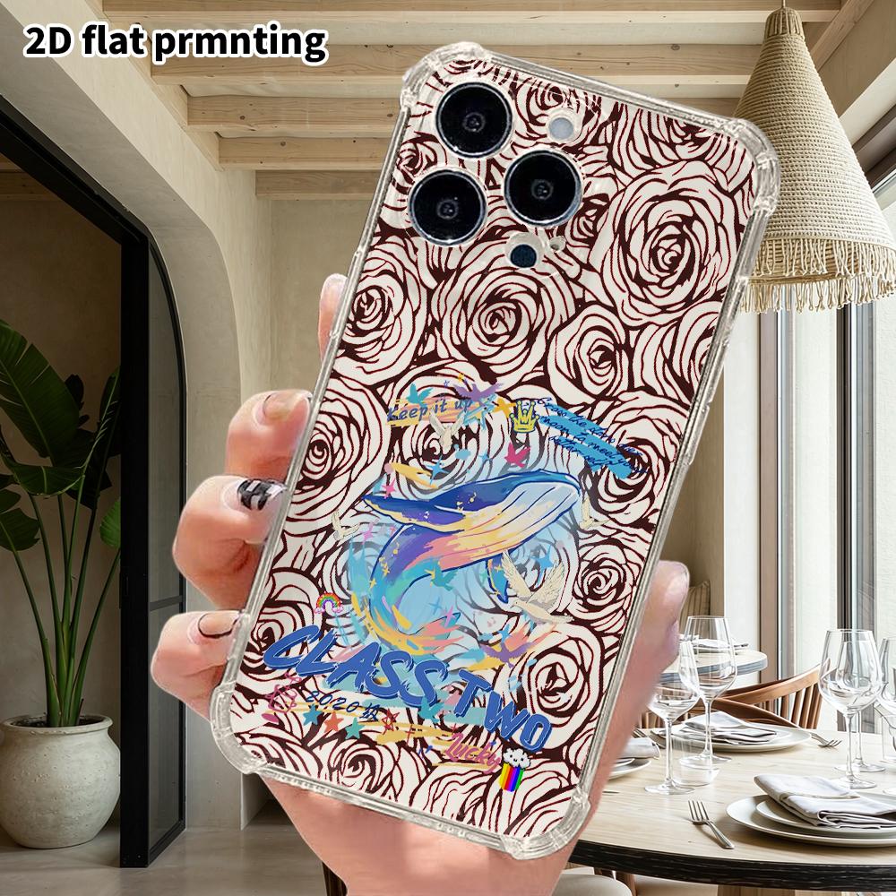 Phone Case: 2D Flat Design, Suitable for iPhone 18 17 16 15 14 13 Pro, Transparent Corner Protection Case, Rainbow Blue Whale, Christmas and Halloween