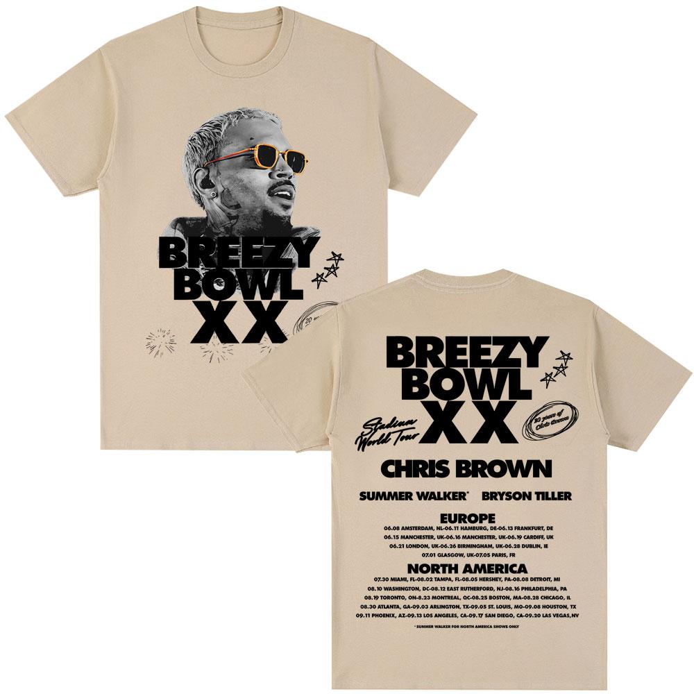 Rapper Chris Brown Album Tshirt Breezy Bowl XX Tour 2025 Hip Hop Vintage T Shirt Men Women Oversized Cotton Tshirts Streetwear