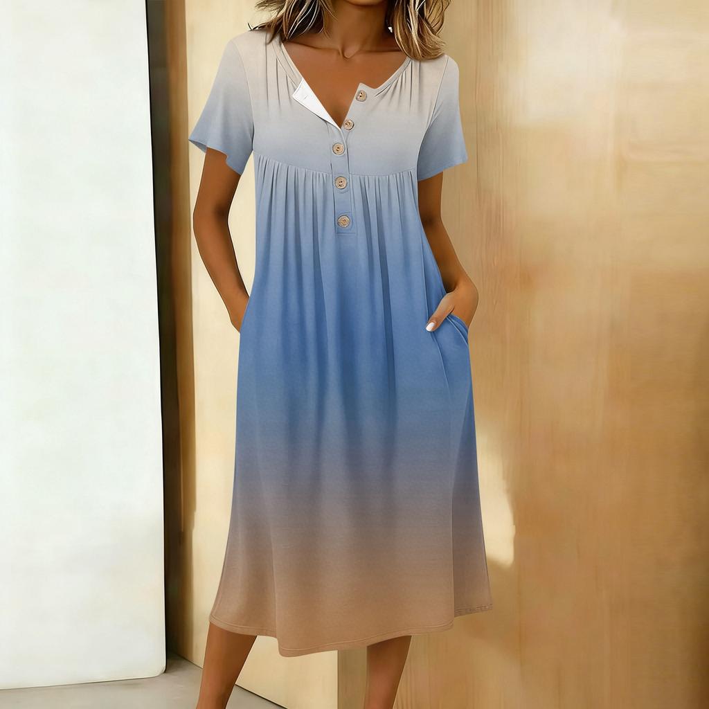 Women's Fashion Gradient Color Printed Round Neck Short Sleeve Button Neck Medium Length Casual Dress