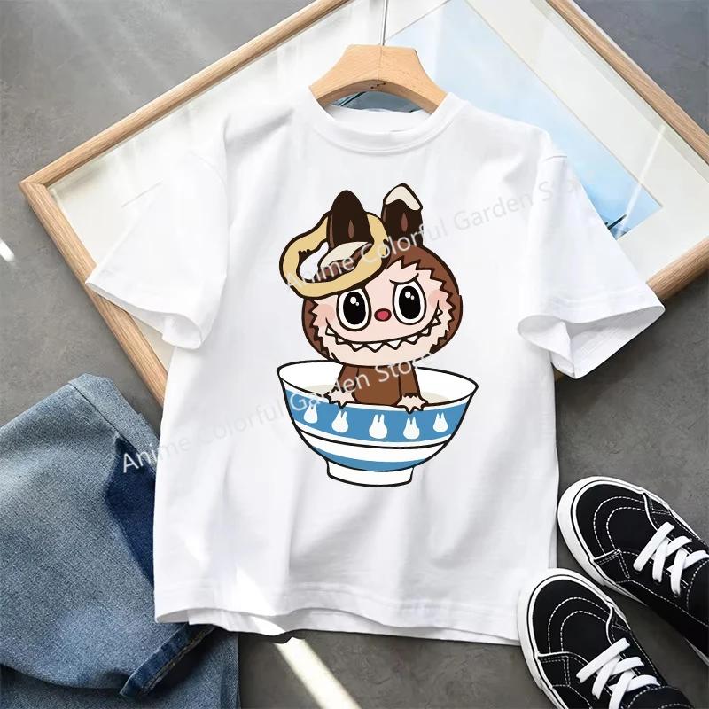 Labubu T-shirts Children Cartoon Cute Short Sleeved Shirt Boys Girls Summer Travel Fashion Clothing White Kids Clothes