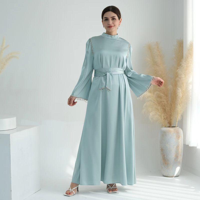 

New Arrival Middle East Dubai Ethnic Style Pure Color Elegance Beaded Shoelace Dress Lace up Beaded Dress Light green L