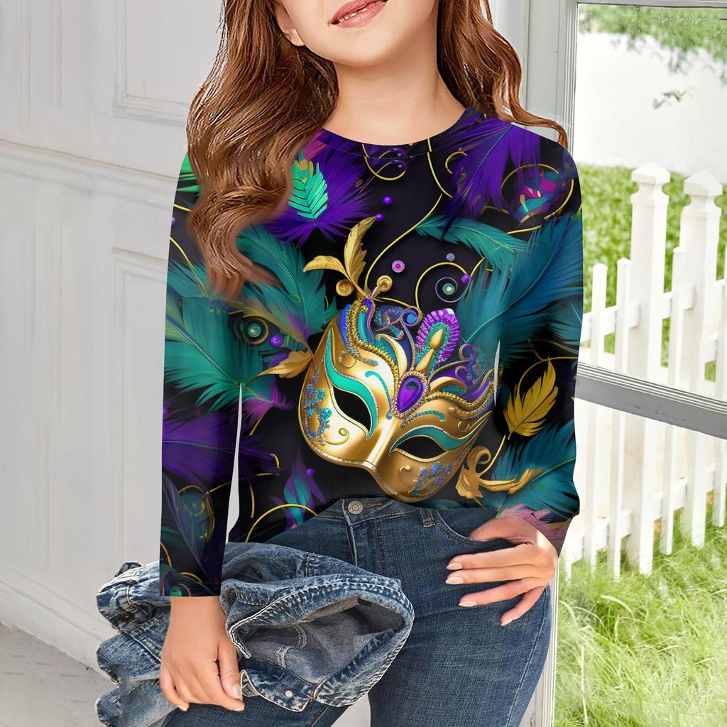 Dívčí trička s dlouhým rukávem Dětské podzimní topy Kulatý výstřih Potištěná základní trička