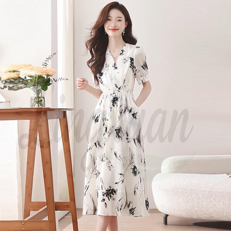 Elegant White Floral Print Dress: Petite French Tea Style, Waist-Cinching and Exquisite for Summer S цветочные печати
