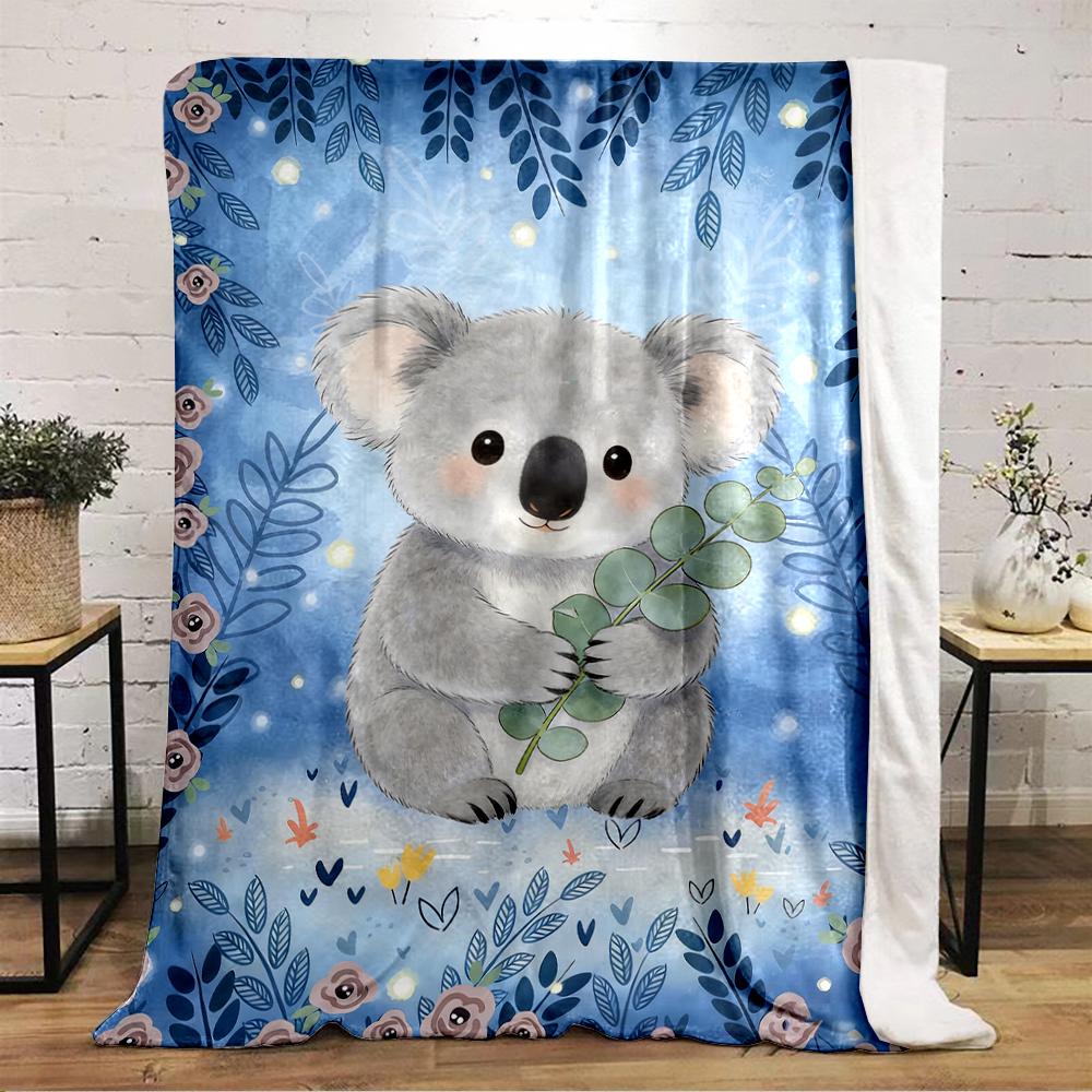 Cute Koala with Leaves on Blue Floral Background, Flannel blanket for bedroom, living room, sofa, and nap sofas.