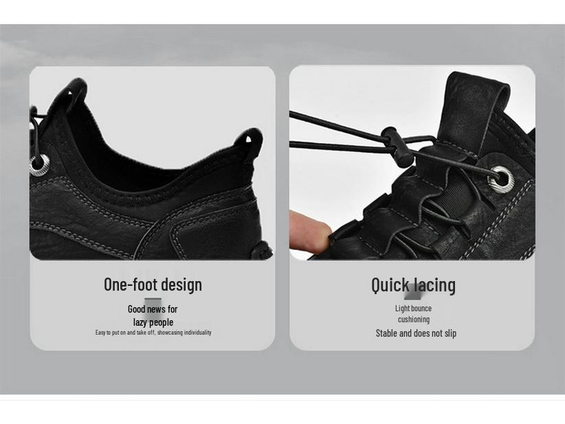 Men's Lazy Elastic Band Stitching Leather Shoes - Stylish Low-top Slip-On Sports Sneakers for Spring and Autumn.