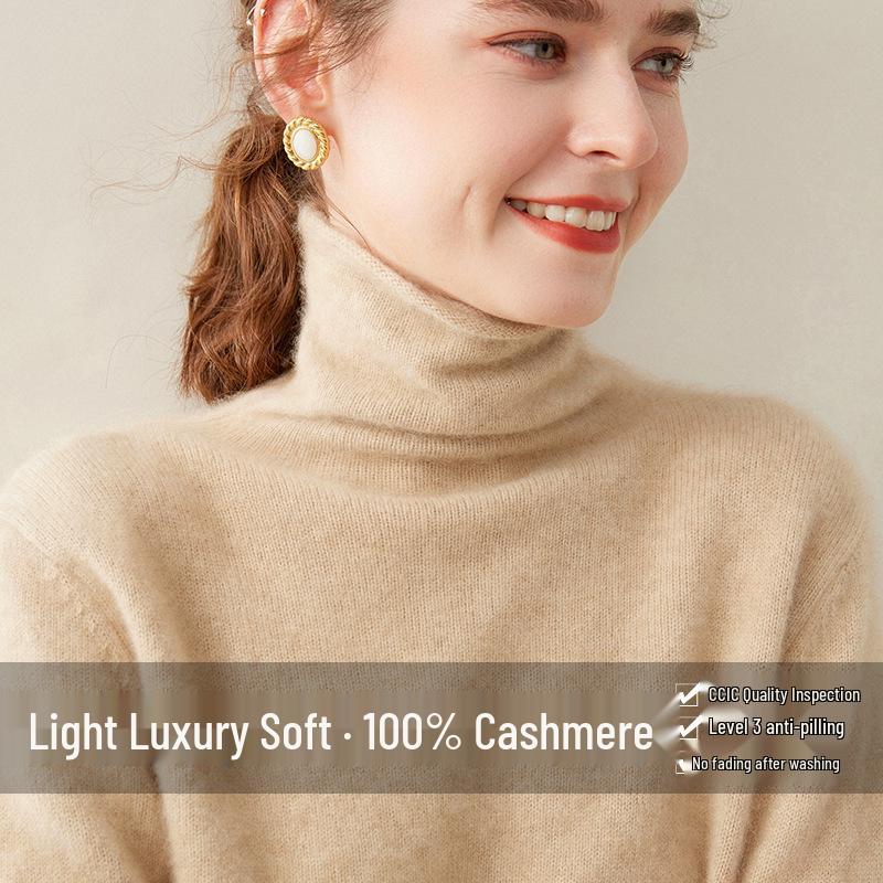 100% Cashmere Women's High Neck Slim Fit Sweater - Autumn/Winter Fashion Versatile Base Layer