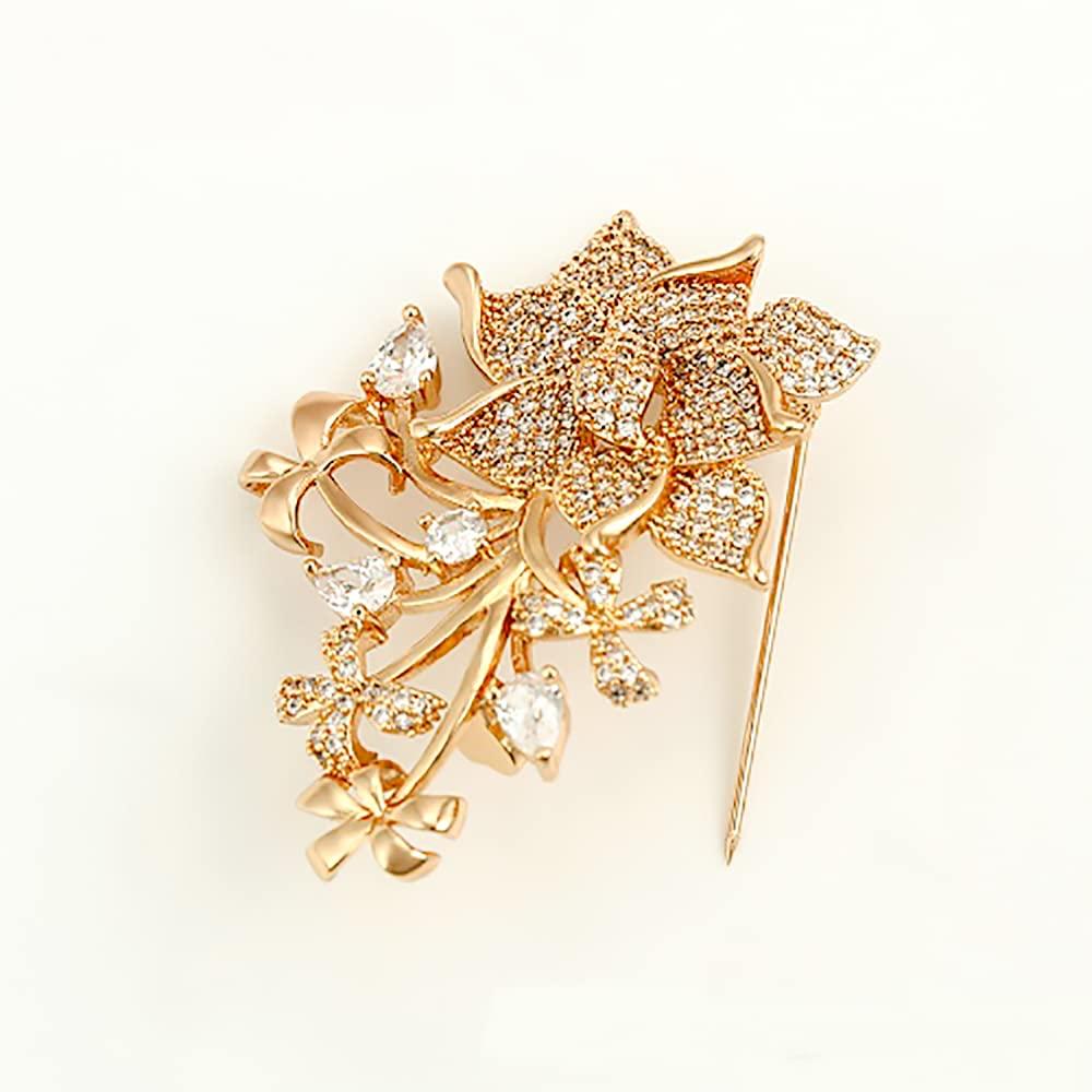 NEOGLORY JEWELRY Brooch Pin Cubic Zirconia Flower Leaf Motif Simple Jewelry Box Included Stylish Adult Cute & (Neoglory) (Gold)