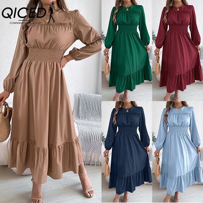 Autumn and Winter Solid Color Elegant Black Ear-trimmed Waist-cinched Pleated Long Dress Women's Clothing
