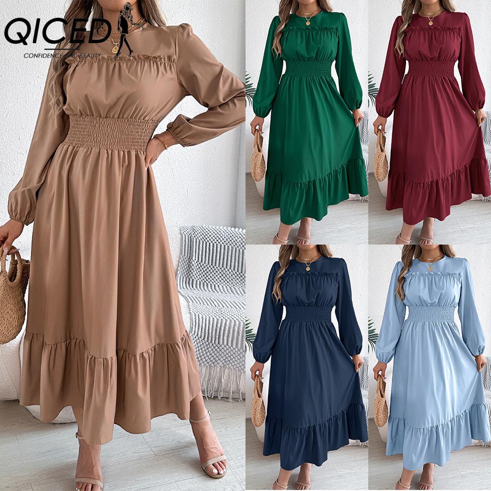 QICED Toamnă și Iarnă Culoare Solidă Elegant Negru Cu Garnitură la Urechi Talie Cambrată Rochie Lungă Plisată Îmbrăcăminte Femei