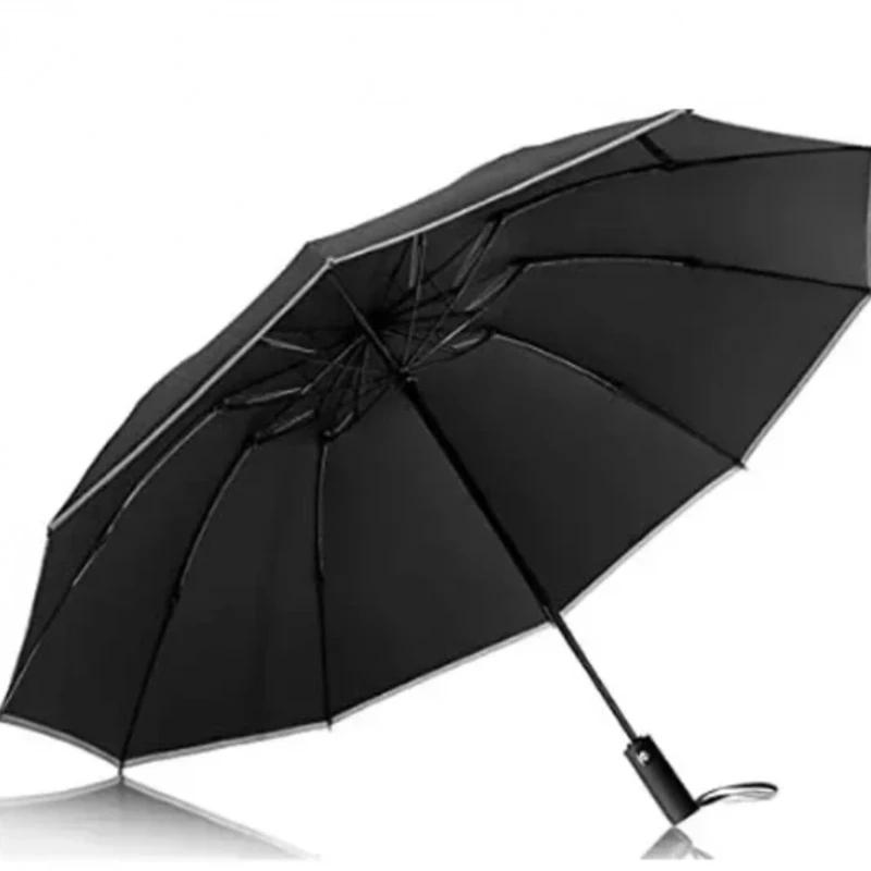 Parapluie pliable entièrement automatique pour homme et femme avec bande réfléchissante coupe-vent et UV