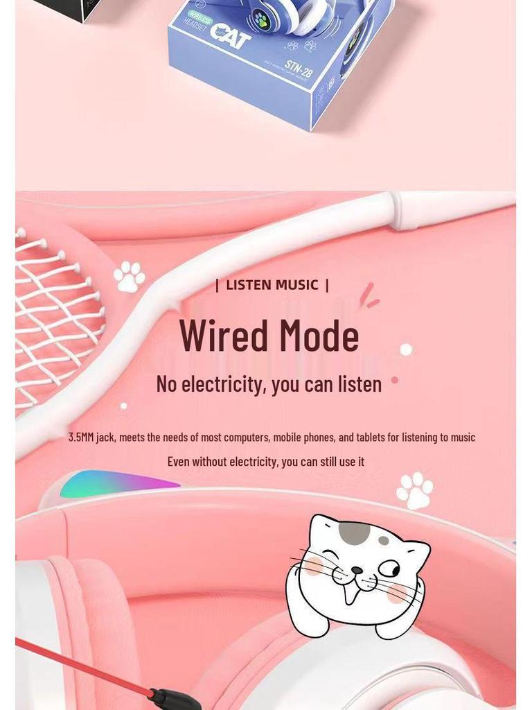 STN-28 Luminous Cat Ear Bluetooth Wireless Gaming Headset for Girls