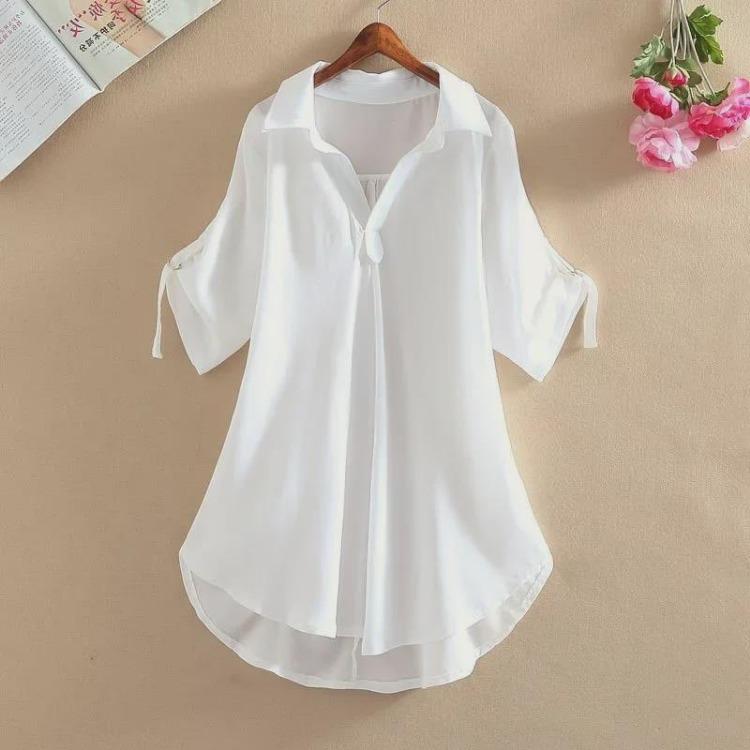 2022 Summer Women Chiffon Shirt Loose Fit Mid Length Slim Waist Design