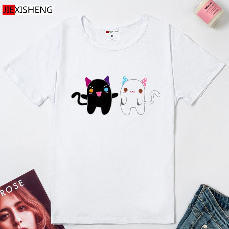 Black Cat White Cat Cartoon Print Women T Shirts Plus Size Summer Casual Short Sleeve T-Shirt Girl Tshirt Tops