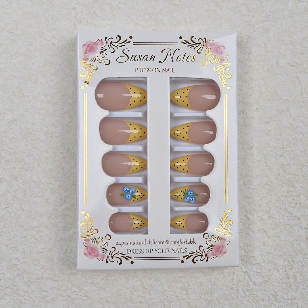 3D Blueberry Polka Dot Almond Shape False Nails - 24 Pcs Sweet Girl Style French Nude Base