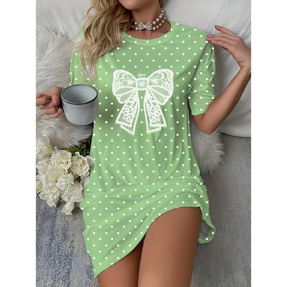 Women's casual polka dot print bow tie four-season dress