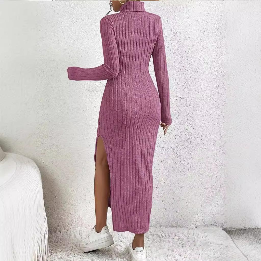 Podzim zima Jednobarevné Dlouhý rukáv Rolák Maxi šaty dámské Elegantní Boční rozparek Úzké Elastické pletené šaty dámské oblečení