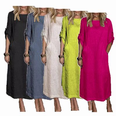 Vestido largo informal liso para mujer, cuello redondo, botones, manga corta, cintura holgada, vestido maxi con bolsillo, elegante, a la moda, transpirable, suave, vestido de vacaciones para el trabajo