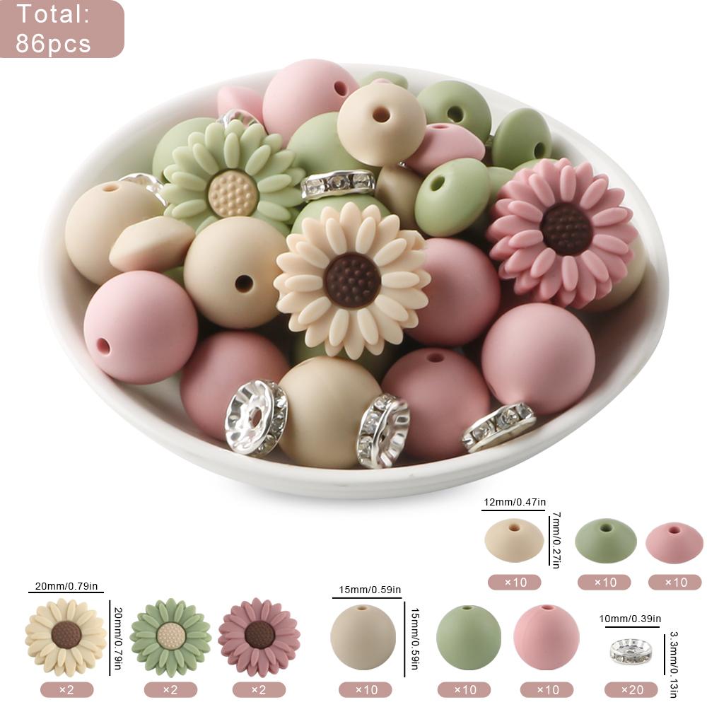 86Pcs/set Daisy Silicone Beads Kits Silicone Round Bead Lentil Loose Bead For Bracelet Necklace Jewelry Handmade Accessories