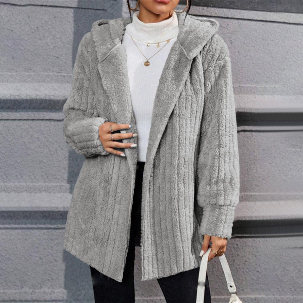 Damenmode Lässig Warm Vertikal Gestreift Doppelseitiges Fleece Kapuzen-Cardigan Jacke