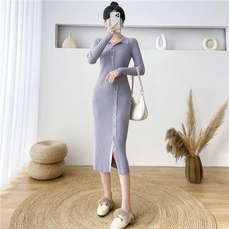 Dress Cardigan Female Autumn Korean Knitted Dress Women Mid Length Versatile Long Sleeve Underlay V-Neck Wool Dress Female Tops