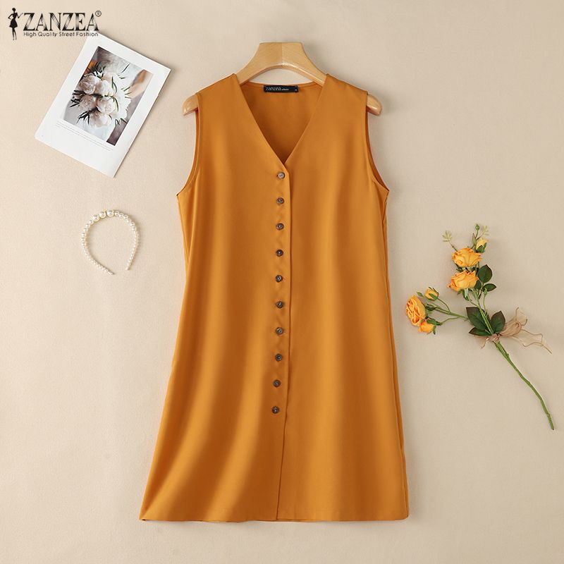 ZANZEA Damen Casual V-Ausschnitt Sommer Ärmelloses Kleid