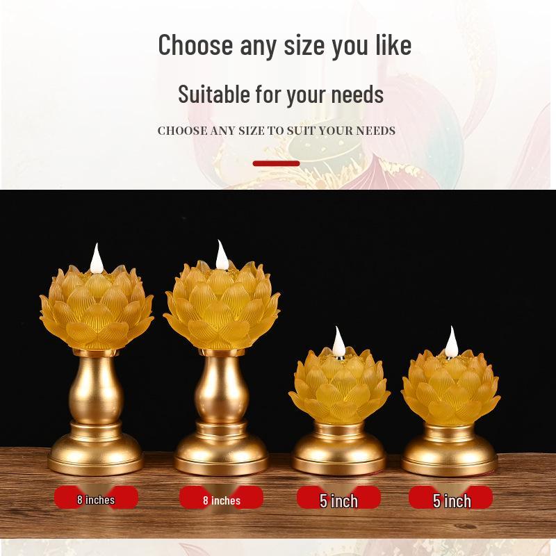Amber Lotus Flame LED Buddha Offering Lamp - Dual Use: Battery/Plug-in with Floating Candle Holder