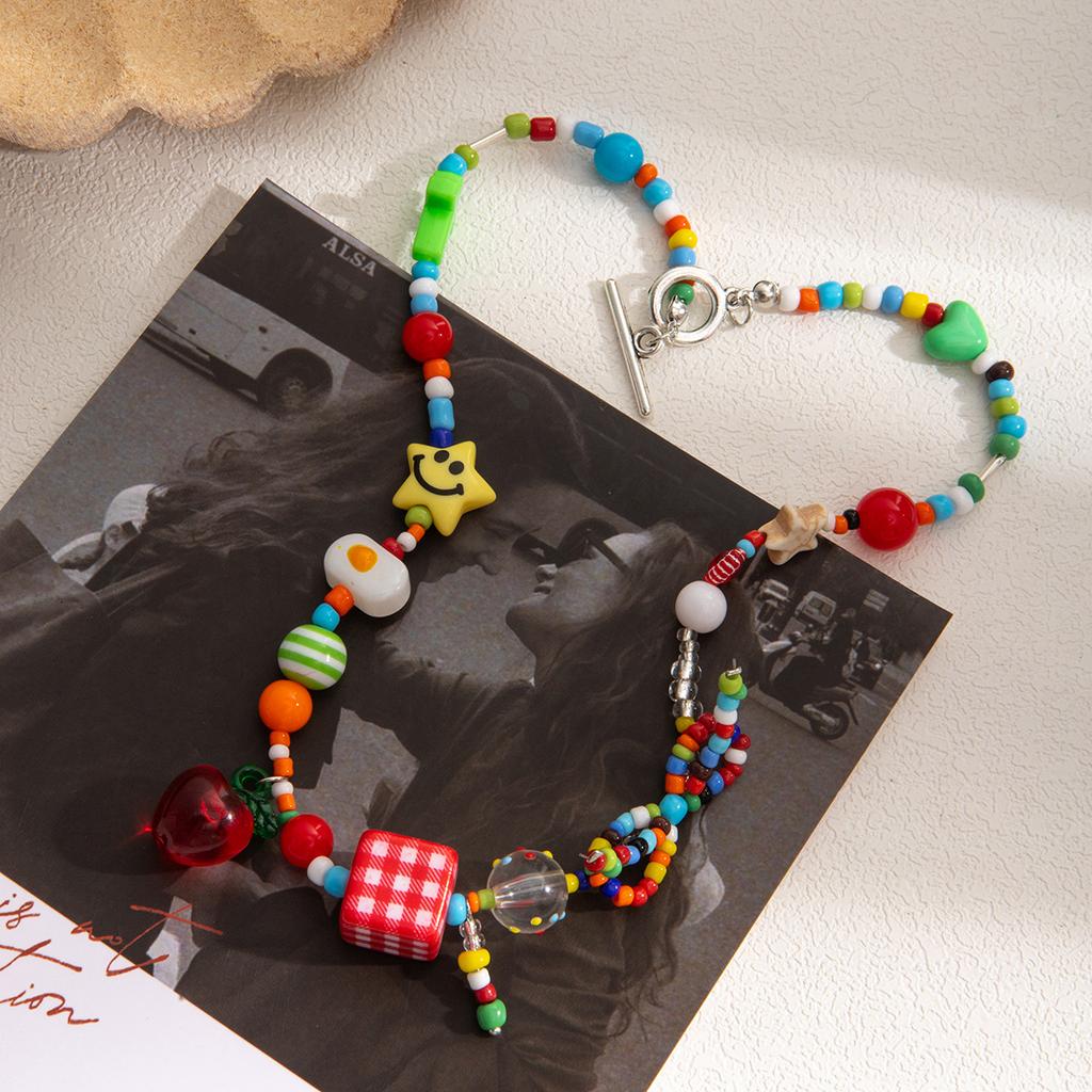Creative Design Macaron Star Beaded Necklace, Light Luxury High-End Contrasting Color Candy Cartoon Cute Necklace