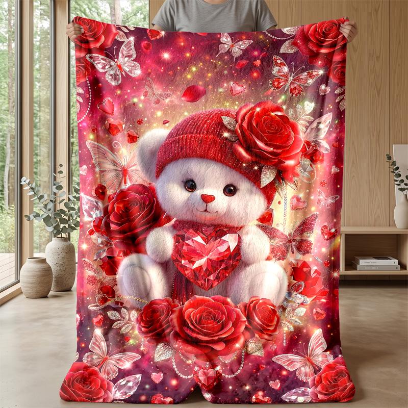 Teddy with Roses and Hearts Theme blanket Lightweight Warm Flannel Blanket Decorative Throw Blanket for Home Decoration