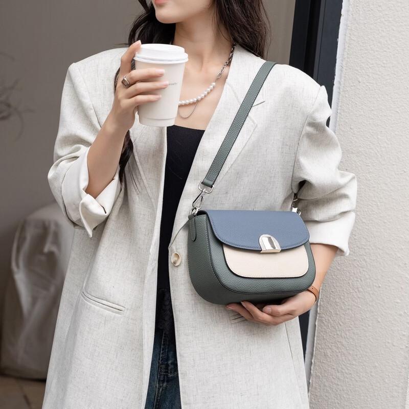 Dou Xiaozhu First Layer Cowhide Color-Block Shoulder Crossbody Bag
