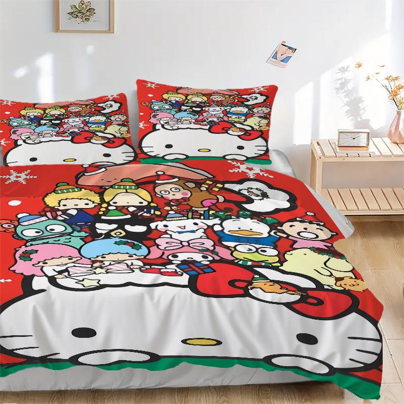 

3pcs Hello Kitty Christmas Celebration Printed Quilt Set - Includes 1 Quilt Cover and 2 Pillowcases, Machine Washable - Suitable for All Seasons. 135x200cm