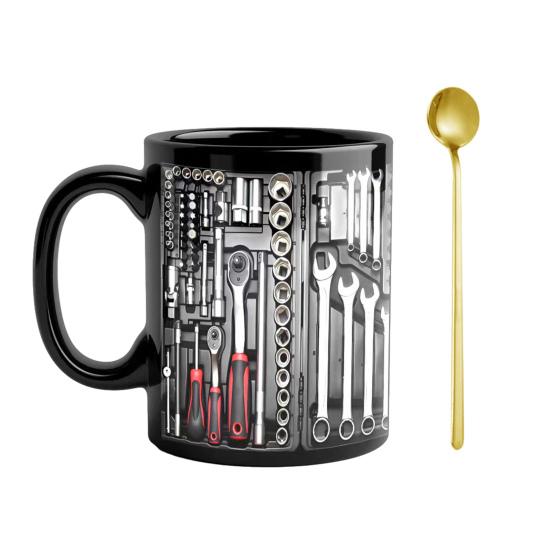 Mechanic Toolbox Mug Ceramic Funny Toolbox Coffee Mug with Spoon for Mechanics Novelty Gift for Dad Husband Car Lovers