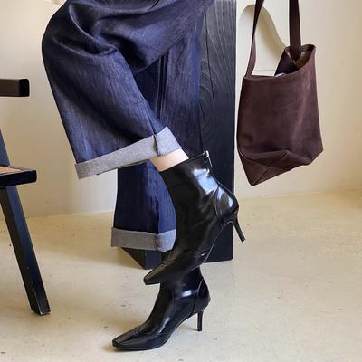 Women's Elegant Zipper Back Soft Sole Small Square Toe Ankle Boots Ladies Patchwork Stiletto High Heel Slim Short Boots