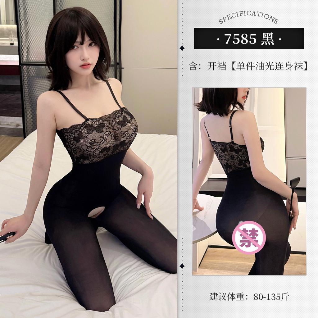 Feimu Lace Jumpsuit Tube Top See-through Open Crotch Glossy Bodystocking Temptation Sexy Women Rompers Clothing Body Suits YOZ8