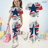 Girls Round Neck Short Sleeve Printed Top And Flared Pants Two Piece Set
