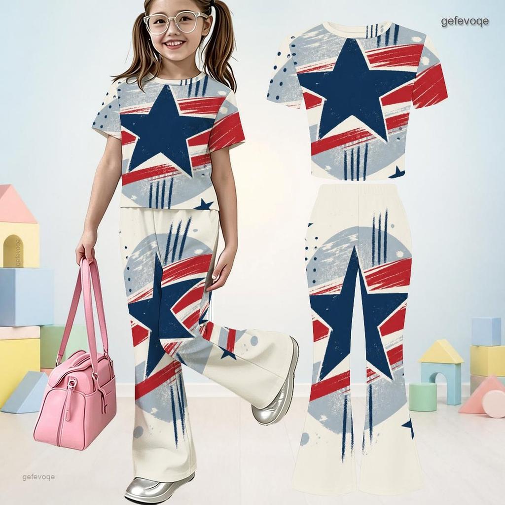 Girls Round Neck Short Sleeve Printed Top And Flared Pants Two Piece Set