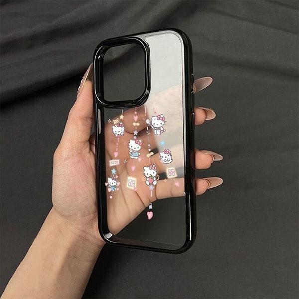 Black Frame Cartoon Kitty for iPhone 17 Pro Max, 16, 15 Pro, 14, and 13 - Cute Acrylic Design