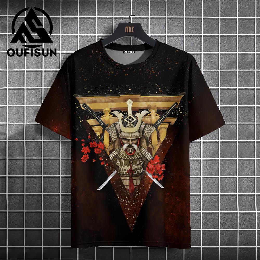 Japanese Style Men's T-Shirt Warrior Pattern Printed T-Shirts Casual Loose Short Sleeved Tees Oversized Men Clothing Tops Summer